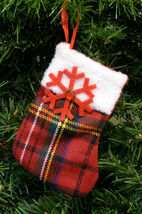 RED PLAID CHRISTMAS STOCKING w/ SNOWFLAKE &amp; RHINESTONE CHRISTMAS ORNAMENT - $5.88