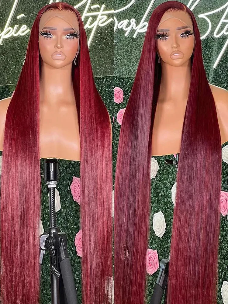 Burgundy 13x6 HD Lace Frontal Human Hair Wig Straight Red 13x4 Lace Front Hum - £67.88 GBP+