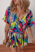 Multicolour Tropical Printed Surplice Neck Tie Waist Romper - $323.69 MXN
