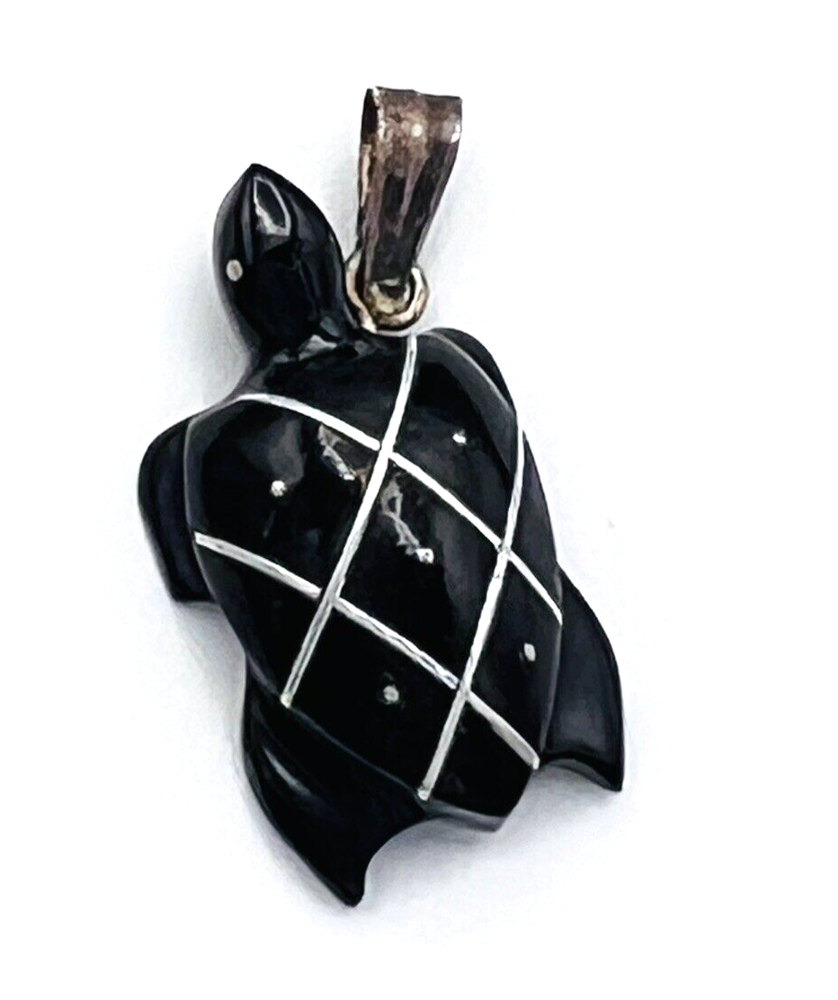 Primary image for Vintage Tiny Black Lacquered Wood Sterling Silver Sea Turtle Charm Pendant