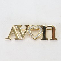 Avon Monogram Pin Brooch Gold w/ Diamond Rhinestone Heart Cosmetics Vintage - £12.41 GBP