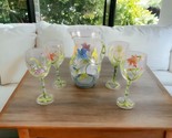 4 Hand Painted Balloon Wine Glasses W/ Pitcher Tropical Lilies Pattern ... - $27.72