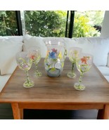  4 Hand Painted Balloon Wine Glasses W/ Pitcher Tropical Lilies Pattern ... - £21.67 GBP
