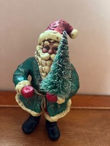 Hollow Resin Faux Paper Mache Green &amp; Red Santa Claus Holding Bottle Bru... - $13.09