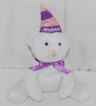 Solid White Plush Bear With Purple Bow Purple Pink Happy Birthday Hat - £7.86 GBP