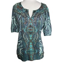 Apt 9 Womens Blouse Top Size Small Green Brown Paisley Embellished 3/4 Sleeves - $14.85