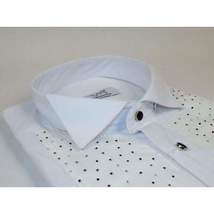 Men CEREMONIA Tuxedo Shirt Rhinestone Cotton Turkey #Milano 13 White Wing Tip image 7
