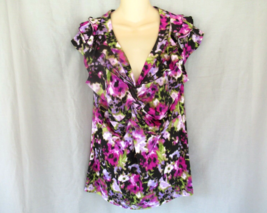 Christopher &amp; Banks top twist front Large purple floral cap ruffle sleev... - $14.65
