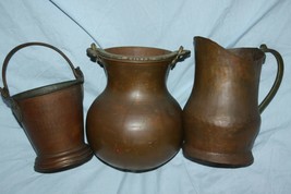 Lot of 3 Old Antique Hand Hammered Jug Can and Bucket / Pail Copper Bronze Decor - £86.75 GBP