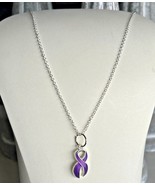 Purple Ribbon Charm Necklace Silver 18&quot; pancreatic cancer Alzheimer&#39;s aw... - £3.82 GBP+