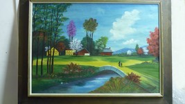 Vintage Signed Oil Painting, Mother  Child and River Bridge, Village Scene, 42.5 - £74.72 GBP