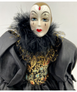 Vintage Silvestri Ceramic 15&quot; Harlequin Pierrot Collectable Doll Black Gold - £27.54 GBP