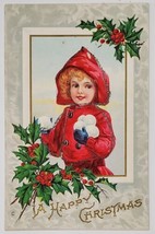 Christmas Girl Red Hooded Coat Snowballs Holly Glitter Decorated Postcar... - $6.95