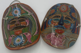 Vintage Handmade Mexican Pottery Wall Mask Hand Painted Folk Art Lot x2 Masks - £39.52 GBP