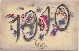 1910-A Happy New YEAR-HEAVILY EMBOSSED-GILT Glitter Airbrush Postcard - £4.71 GBP
