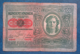1912 AUSTRIA CIRCULATED 100 KRONEN BANKNOTE WITH RED DEUTSCHOSTERREICH O... - $5.50 CAD