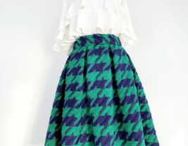 Winter Green Houndstooth Midi Skirt Women A-line Plus Size Wool Midi Party Skirt image 4