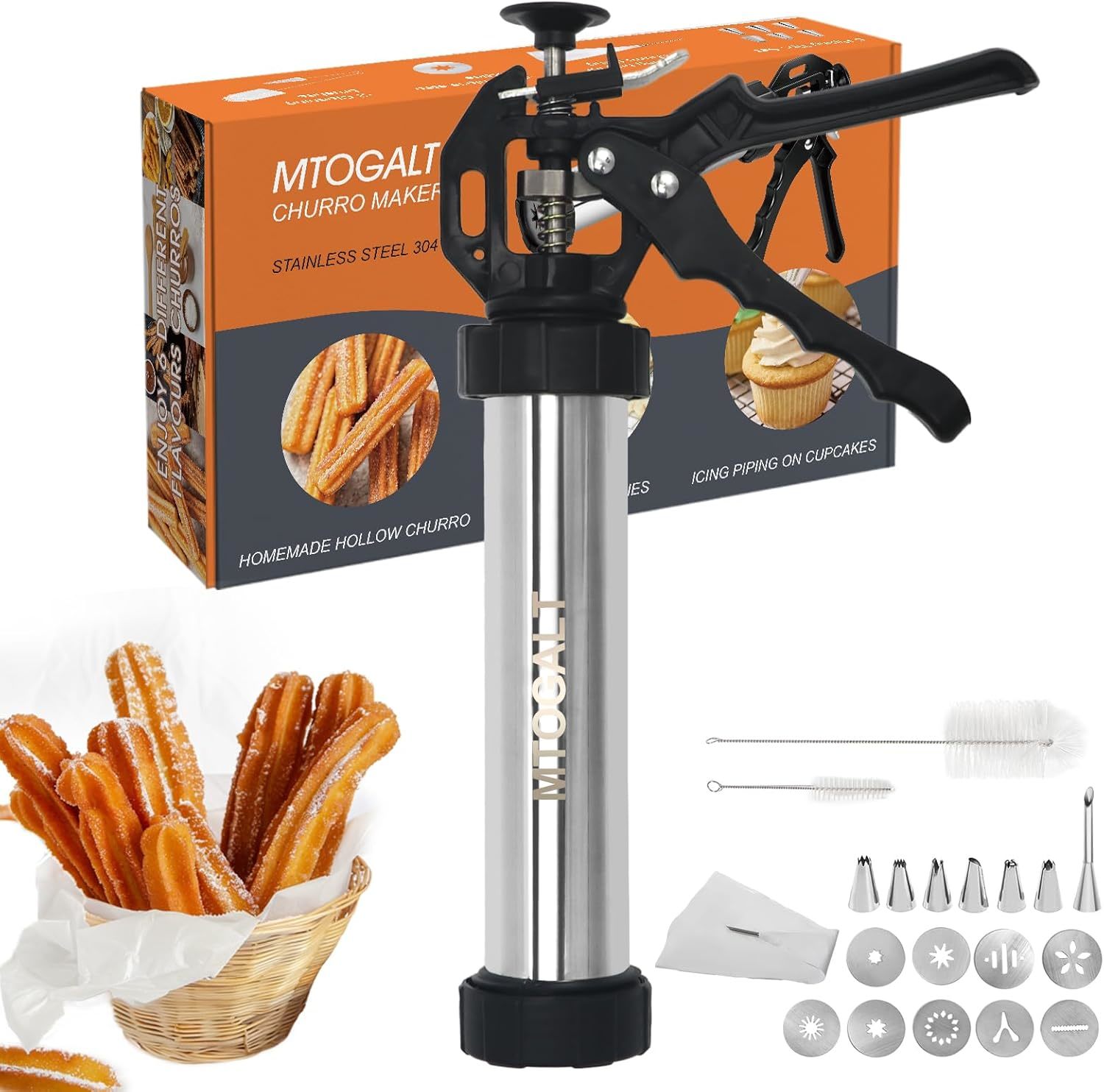 Churro Maker Machine, 21-Piece Stainless Steel Churro Gun Kit,, 2 Brushes - $40.99