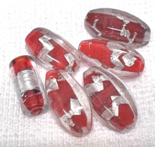 6 Vintage Art Glass Beads RED w Silver Foil 7/8x7/16th Handmade - $12.38