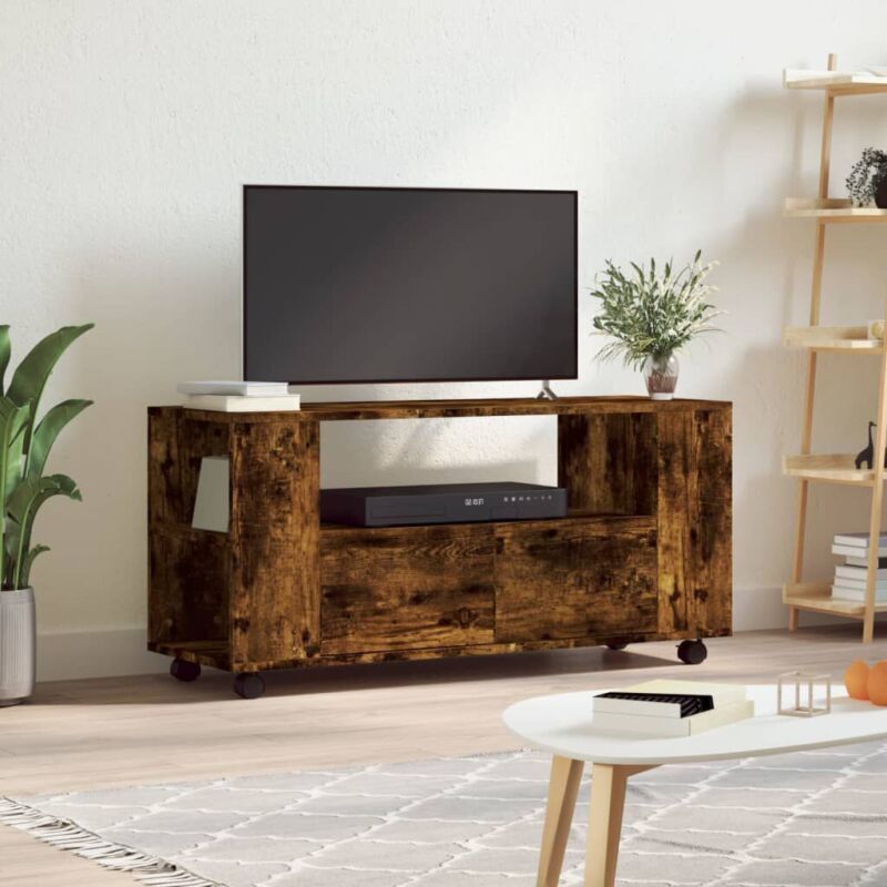 Primary image for Industrial Rustic Smoked Oak Wooden TV Stand Cabinet Entertainment Unit Wheels