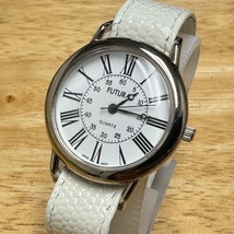 Vintage Futura Quartz Watch Unisex Silver White Leather Band Analog New Battery - £15.17 GBP