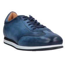 Santoni Leather  Men&#39;s Blue Lace Up Italy Sneakers Shoes Size US 12 - £341.54 GBP