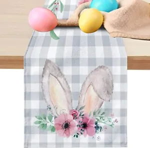 New Jbralid Easter Buffalo Plaid Bunny Ears Flower Table Runner Spring Holiday R - £28.32 GBP