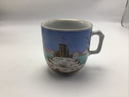 Cup Mug Castle Flag Hill Mountain Hand Painted Porcelain  Vintage Coffee Tea - £11.74 GBP