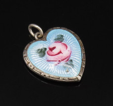 925 Sterling Silver - Vintage Antique Enamel Rose Flower Heart Pendant -... - $34.45