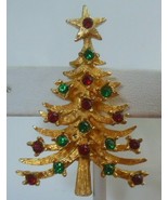 Vintage Signed MYLU Red &amp; Green Rhinestone Christmas Tree Brooch - $61.80 CAD