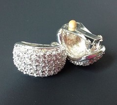 Roman Pave Rhinestone Clip Earrings Curved Silver Tone Clear Crystal Signed - £19.99 GBP