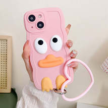 For iPhone 15 Wave Edge Big Duck Silicone Phone Case with Wristband(Pink) - £3.15 GBP