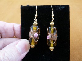 (EE-504-53) clear Yellow copper pink rose flower glass dangle earrings lampwork - $14.01