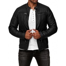 Men&#39;s Slim fit Cafe Racer Motorcycle Biker Black Leather Jacket - £45.37 GBP+