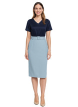 Queen Letizia Inspired Navy Slit Short Sleeve Blouse &amp; High-Waisted Penc... - $112.99