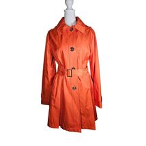 Michael Kors Women's Orange Hooded Rain Coat Belted Gold Buttons Small - €48,22 EUR