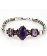 7.25&quot; Sterling Silver Bezel-Set Natural Amethyst Double Foxtail Chain Br... - £31.23 GBP