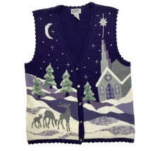 Vintage Christmas Sweater Vest Starry Night Snow Church Medium M Koret Purple - £11.86 GBP
