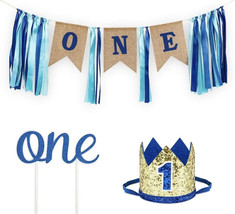 Baby boy first birthday decorations - banner, crown, cake topper - £7.50 GBP