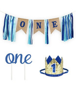 Baby boy first birthday decorations - banner, crown, cake topper - £7.49 GBP