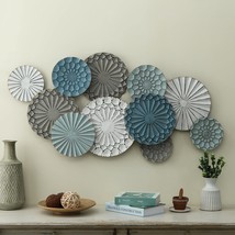 Metal Floral Pattern Round Discs Abstract Wall Art Blue Grey White Modern - £90.47 GBP