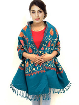 Women&#39;s Kashmiri Blue Color Stole Paisley Flower Embroidered Wool Shawl Cashmere - £63.34 GBP