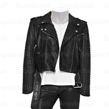 New Women Brando Punk Full Studded Black Cowhide Biker Leather Jacket Belted-233 - £231.38 GBP