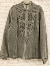 Chicos Platinum Womens XL Embellished Beaded Denim Jacket Gray Ornate Boho - £27.97 GBP