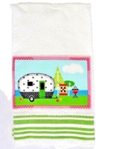 Camper Trailer Kitchen Towel Handmade Applique Green Stripes 16 x 28-inc... - $12.17