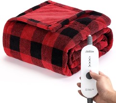 Sunbeam Royal Luxe Red Black Buffalo Plaid Heated Personal Throw / Blanket, - $44.99