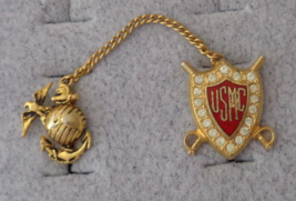 USMC Marines Military Sweetheart Lapel Pin Red Enamel 2 Pc Chained Rhinestone - £21.23 GBP