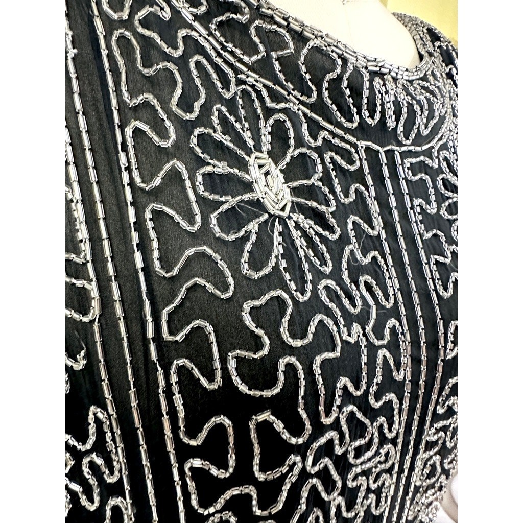 VTG 80s Saks Fifth Ave Black Silk Beaded Dress M Art Deco Flapper 20s Revival Item image 3