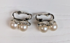 Vintage Silver tone Clip On Earrings double faux pearl rhinestone detailing - £11.62 GBP