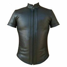 Mens Real Lambskin Leather Black Bikers Front Zip Closer Slim Fit Shirt ... - $101.84